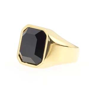 Vintage style men's gold signet ring featuring a large rectangular black faceted gemstone