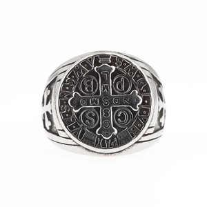 Bague vintage pour homme en acier inoxydable avec médaille de Saint-Benoît