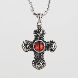 Collier croix gothique vintage en acier inoxydable avec œil du diable rouge gravé