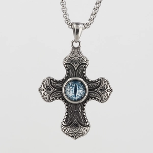 Collier croix vintage en acier inoxydable avec œil du mal bleu au style gothique punk