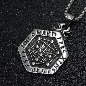 Nordic Viking Rune Hexagon Pendant Necklace For Men Vintage Titanium Steel Vegvisir Compass Geometric Starry Sky Jewelry