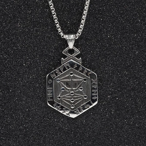 Hexagonal Norse Rune necklace with geometric stellar pattern in silver finish