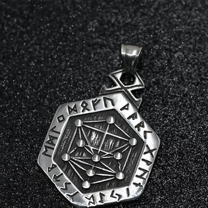 Nordic Runes Hexagon Pendant with Tree of Life Design in Antique Silver Steel