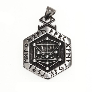 Nordic Runes Hexagon Pendant with Tree of Life geometric design in stainless steel