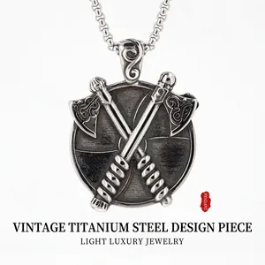 Vintage Nordisch Wikinger Streitaxt Schild Anhänger Halskette Titanstahl Herren Retro Punk Hip Hop Pirat Kompass Schmuck Accessoire