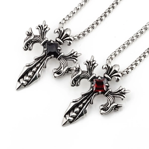 Vintage Gothic Cross Sword Pendant Necklace Titanium Steel Rhinestone Inlaid Sword Necklace For Men Punk Hip Hop Jewelry