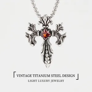 Vintage titanium steel sword necklace with a square red gemstone pendant for men