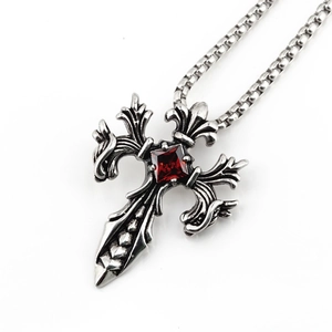 Gothic cross necklace for men featuring a vintage silver pendant with red gemstone