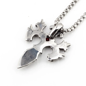 Hip hop style sword cross pendant necklace in vintage silver steel with a red gem accent