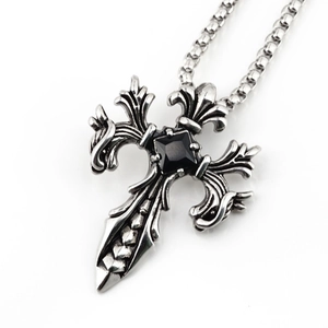 Gothic cross sword necklace with black gemstone and vintage steel engravings