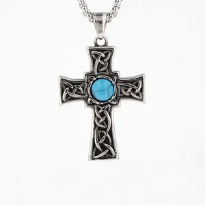 Viking Keltisches Kreuz Anhänger Halskette Für Herren Retro Titanstahl Halskette Mit Künstlicher Türkis Ethnisch Schmuck