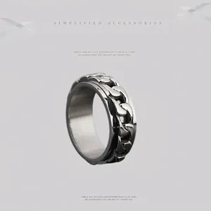 Vintage Stainless Steel Rotatable Spinner Ring With Cuban Chain Inlay Punk Rock Jewelry For Men Women Stress Relief Band