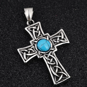 Retro-Keltenkreuz-Anhänger aus Silberstahl mit Türkis-Inlay und Vintage-Gravuren