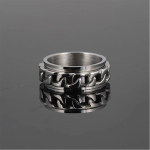 Polished stainless steel spinner ring with curb chain inlay for men, punk rock style