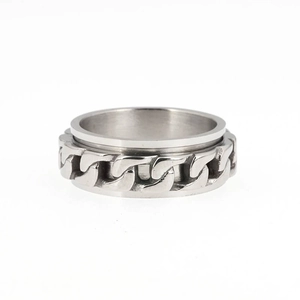 Polished stainless steel spinner ring with a rotating Cuban chain for stress relief