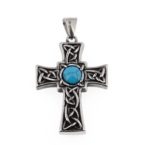 Vintage Keltenkreuz Anhänger in Silberoptik mit eingelegtem Türkisstein für Herren