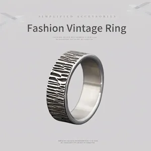Vintage Stainless Steel Ring Tree Bark Texture Industrial Simple Wide Band Ring For Men Daily Fashion Jewelry Gift