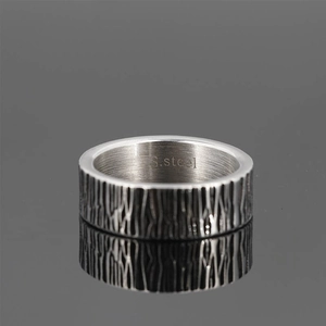 Industrial brushed texture stainless steel ring with bark pattern and adjustable open band