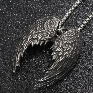 Men Vintage Titanium Steel Angel Wings Pendant Necklace Punk Gothic Distressed Feather Wings Biker Jewelry Without Or With Box Chain