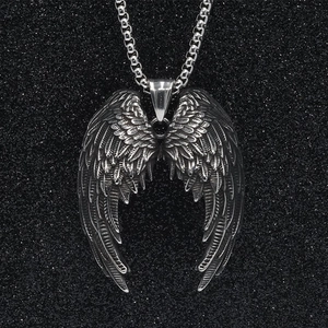 Men's titanium steel angel wing pendant necklace with vintage oxidized silver finish