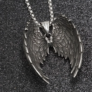 Gothic angel wings pendant necklace in vintage stainless steel with durable box chain