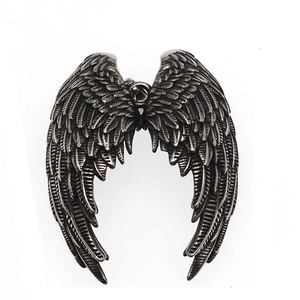 Vintage gothic angel wings pendant necklace in oxidized stainless steel for men