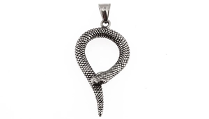 Détail du pendentif serpent vintage avec écailles sculptées et finition en acier titane poli