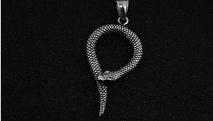 Détail du pendentif serpent argenté vintage avec des écailles ciselées et texture