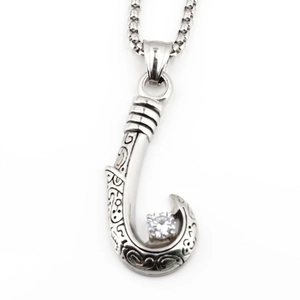 Vintage Silber Angelhaken Anhänger aus Titanstahl mit Zirkon und Edelstahl Box-Kette