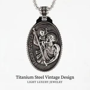 Vintage St. Christopher Angel Pendant Necklace Men Titanium Steel Religious Cross Oval Relief Hip Hop Jewelry Gift