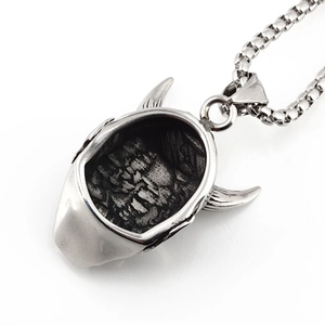 Gothic Prajna skull pendant necklace in vintage silver finish with red garnet inlay