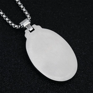 Vintage Saint Christopher angel oval pendant necklace with brushed silver metal finish