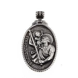 Vintage Saint Christopher oval pendant necklace with cross detail in retro silver finish