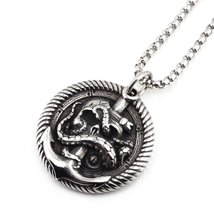 Retro silver skull pirate anchor and octopus tentacle pendant on a square box chain