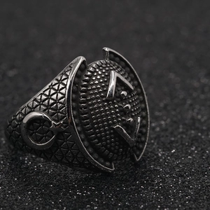 Vintage punk titanium steel ring with anchor shield and star moon symbols for men