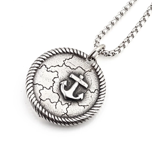Vintage silver anchor pendant necklace with rope border on stainless steel box chain