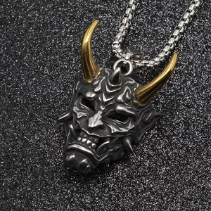Japanese Hannya mask pendant necklace in vintage steel with gold-toned horns for men