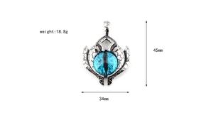 Detailed view of punk evil eye pendant in silver finish showing dimensions and weight