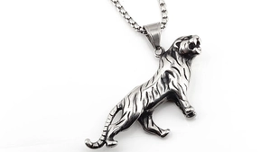 Macro detail of antique finish tiger pendant with box chain on white background