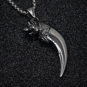 Retro Stainless Steel Wolf Head Tooth Pendant Necklace For Men Hip Hop Punk Wolf Fang Charm Titanium Steel Jewelry