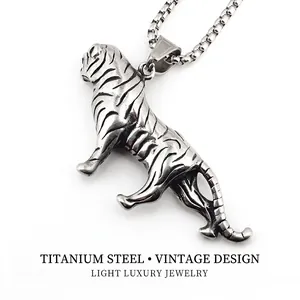 Retro titanium steel tiger pendant necklace with walking tiger design for men