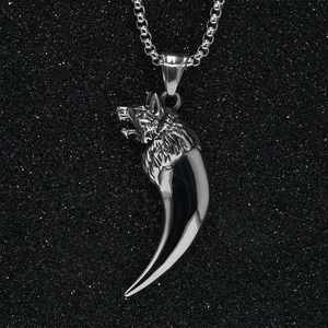 Wolf head pendant necklace in vintage stainless steel with black tooth and bead chain