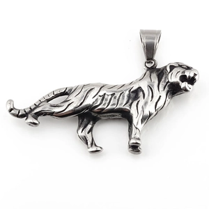 Vintage stainless steel tiger pendant in walking pose with detailed stripes for men