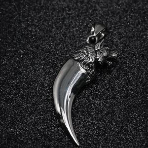 Wolf head wolf tooth pendant necklace in silver stainless steel with punk hip hop style