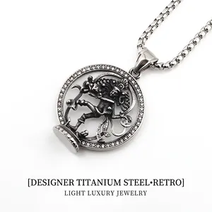 Retro Shiva Nataraja Pendant Necklace For Men Titanium Steel Rhinestone Inlaid Vintage Silver Tone Hip Hop Punk Jewelry