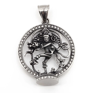 Retro Shiva Medallion Necklace in oxidized stainless steel with white zircon border