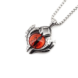 Vintage gothic evil eye necklace with red vertical pupil and dragon scale texture on silver chain