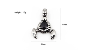 Detailed view of scorpion pendant showing dimensions 40mm by 31mm and weight of 10g