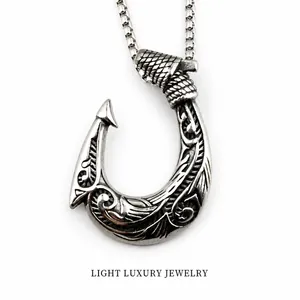 Vintage Titanstahl Angelhaken Anhänger Halskette Herren Hip Hop Polynesisches Totem Geschnitzt Nautischer Schmuck Kette Silber