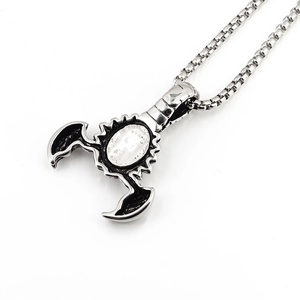 Punk scorpion pendant necklace in silver stainless steel with pearl inlay and box chain